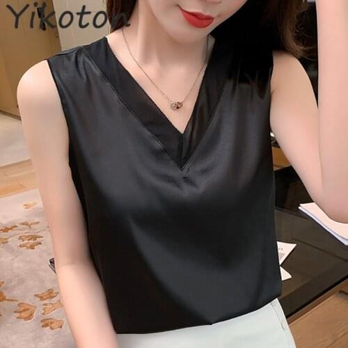Casual V-Neck Sexy Solid Satin Summer Clothes for Women Black Camis Tank Tops Sleeveless Camisole Top Female Elegant Plus Size
