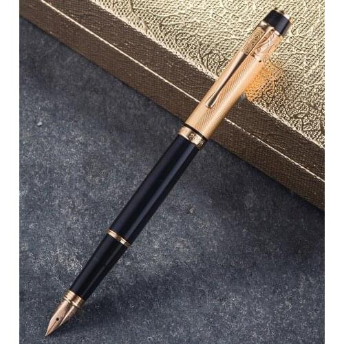 Brand New Hero 200B 14K Gold Collection Black Fountain Pen Golden Carved Cap Fine Nib 0.5mm For Business Office With Gift Box