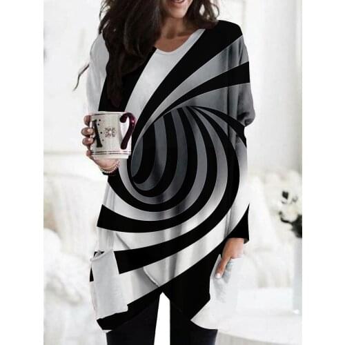 V-neck Loose Dress Pocket Front Split Long sleeve Plus Size dresses 3D Printing Personality Fashion Women Clothes