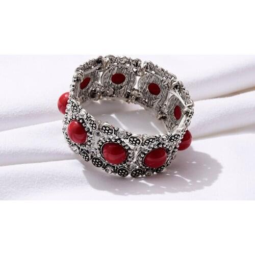 Vintage Boho Natural Stone Bracelets Bangle for Women Ethnic Silver Color Rhinestone Elastic Bracelets Female Wedding Jewelry
