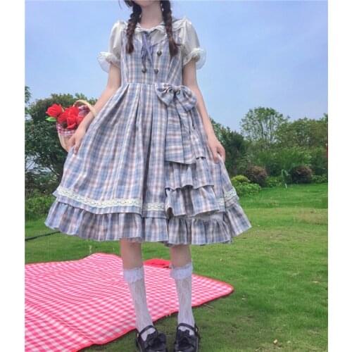 Japanese soft sister navy collar bottoming shirt + check bow tie vest dress women summer lolita dress student cospaly daily