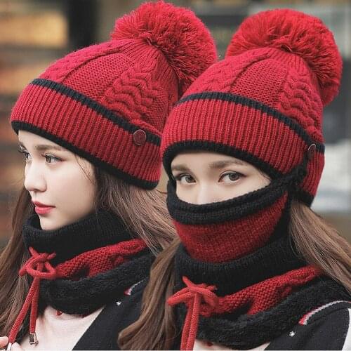 Womens hats, bibs, masks, autumn and winter, Korean knitting and velvet, thickening, warm cycling, ear protection wool hat