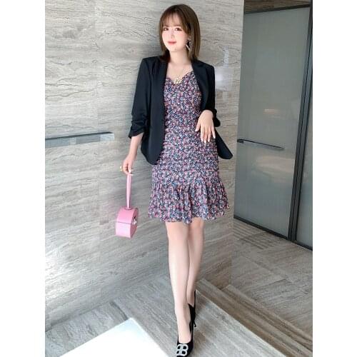 High quality V-neck Retro printing three dimensional pleated lotus leaf Sling Dress 2021 summer new