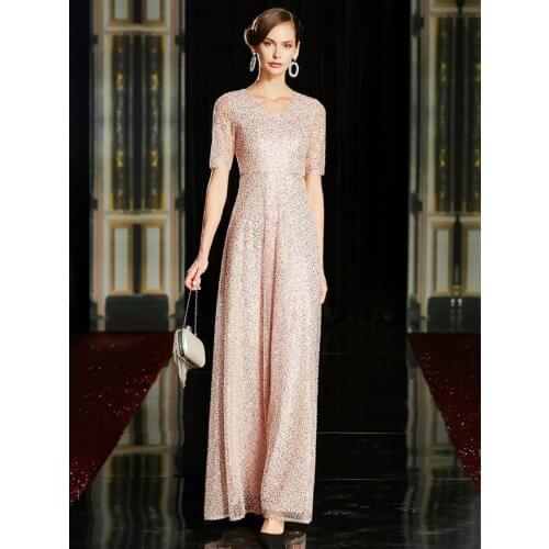 Women Evening dresses Rosa High-end sequins Pearls V Neck Zipper Closure Short Prom dresses Sleee Robe De soiree Long dress