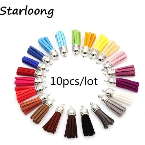 10pcs/lot many colors mixed Suede Tassel For Keychain Leather Tassels silver Caps Straps DIY jewelry making Charms pendants 38mm