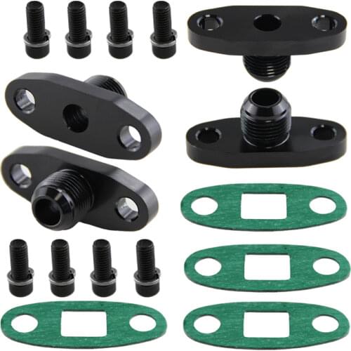 4 Pcs Turbo Oil Drain Outlet Flange Gasket Adapter Kit 10AN Male Fitting T3 T4 Black/Silver