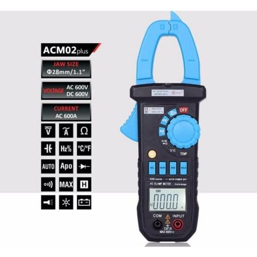 ACM02 Plus Digital AC DC 600V Clamp Meter 600A Multimeter Volt Amp Ohm Temp Frequency Tester
