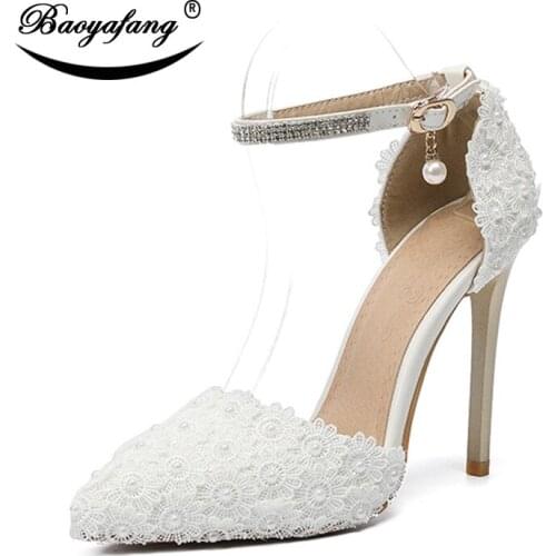 BaoYaFang11cm Super Heels shoes Woman ankle strap Buckle shoes Sweet White Lace pointed toe Wedding shoes