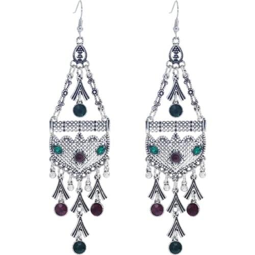 Bohemian Vintage Silver Metal Blue Red Rhinestone Long Geometric Earrings For Women New Indian Ethnic Party Jewelry Gift