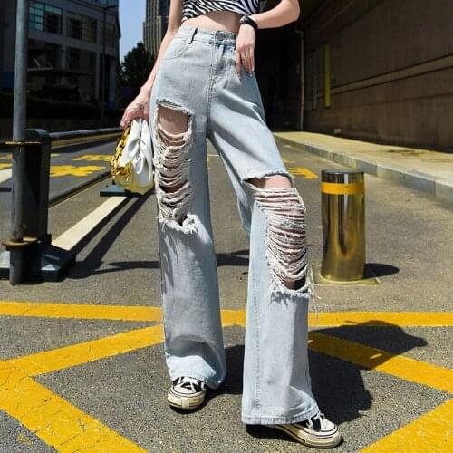 High Waisted Ripped Jeans Pants for Women 2021 Summer Fashion Clothing Girls Straight Leg Denim Flare Trousers Gothic Streetwear