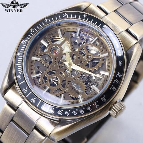 Winner Retro Bronze Military Design Blue Glass Waterproof Mens Automatic Mechanical Skeleton Watches Top Brand Luxury Male Clock