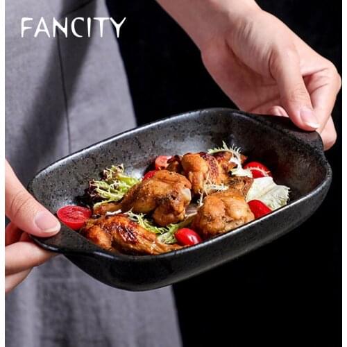 FANCITY Japanese Binaural Ceramic Baking Pan Retro Cheese Baked Rice Plate Irregular Vegetable Plate Household Tableware Deep So