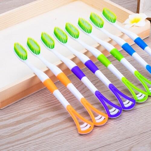 Hot-selling adult 4 pcs double-headed toothbrush and tongue scraper 2 in one soft bristled oral clean and fresh breath