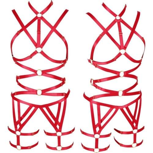 Gothic Body Harness Set Punk Pole Dance Red Harness Bra Rave Leg Strappy Adjust Garter Belt Bondage Sexy Lingerie Body Cage