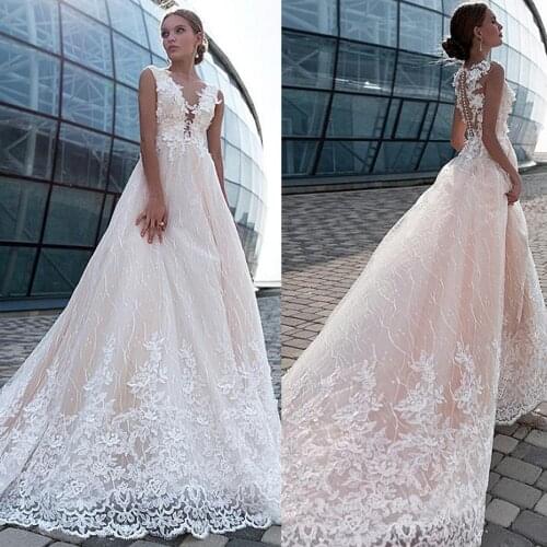 Graceful Tulle V-Neckline A-line Wedding Dress With Lace Appliques & 3D Flowers & Beadings Champagne Bridal Gowns