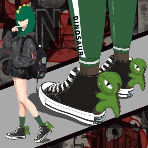 Girls Canvas Shoes Dinosaur High Top Sneakers Couple Men Women Cartoon Cute Dino New Preppy Style Cool Female Black Casual Shoes