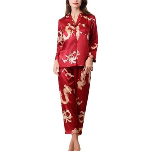 60%HOTMen Women Imitation Silk Dragon Print Shirt Pants Couple Sleepwear Pajama Set