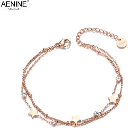 AENINE Trendy Double Layer CZ Ctystal Star Charm Bracelet For Women Stainless Steel Bohemia Chain Link Bracelets Jewelry AB19080