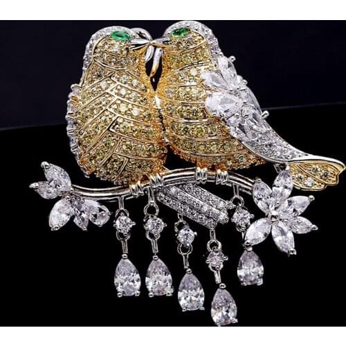 Luxury Brand Cubic Zircon Two Birds brooch For Mens New year gifts womens wedding bridal brooches Bouquet Hijab accessory