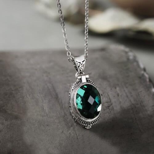 New product S925 Silver Antique Carved Kwu box silver can open baroque style female green crystal pendant jewelry