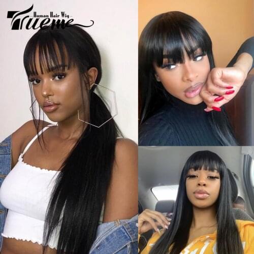 Trueme Straight Human Hair Wigs With Bangs Ombre Blonde Blue Burg Brazilan Human Hair Wigs For Women Colored Human Hair Full Wig