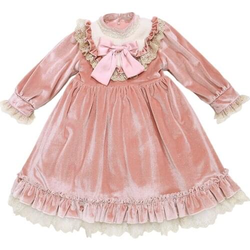 Baby girl Vintage Spanish Autumn Winter Velvet Pompom Ball gown Princess Lolita Dress Party Christmas Birthday