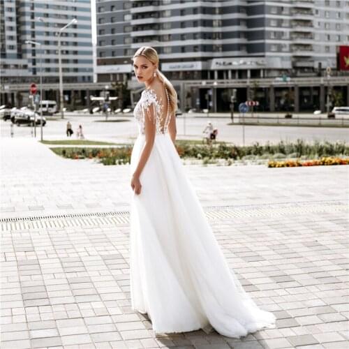 See Through A-line Lace/Tulle Wedding Dress Button Back Hand Made Bridal Dress vestido de casamento