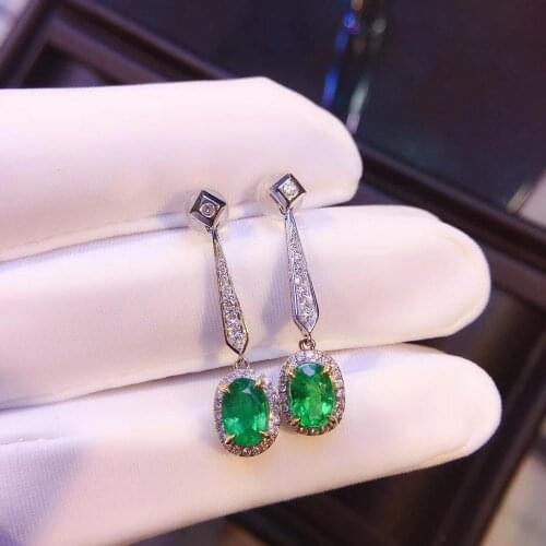 100% Natural 1.9ct Oval Shape Zambian Emerald Drop Earring with Diamond Fine Jewelry Solid Real 14K White Gold Anniversary Gift