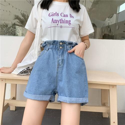 2021 Summer High Waist Denim Shorts Women Casual Jean Shorts Ladies Fashion Roll Up Hem Elastic Waist Pocket Female White Blue