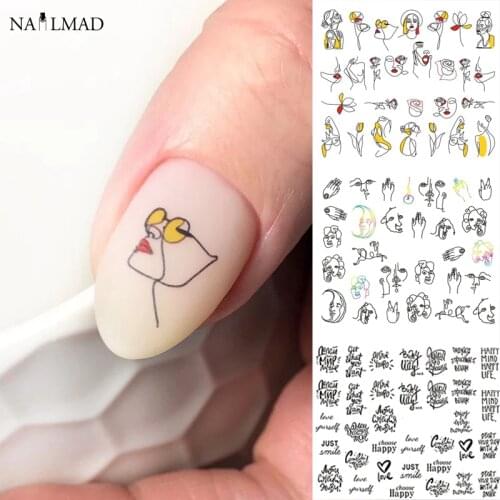 11/12patterns/sheet Black Line Coloful Abstract Image Nail Sticker Decals Sexy Girl Water Transfer Slider For Nails Art