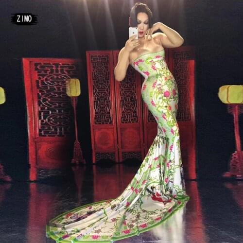 Print chinese traditional dress hanfu women sexy singers drag queen costumes prom dresses dance stage drag costume performance