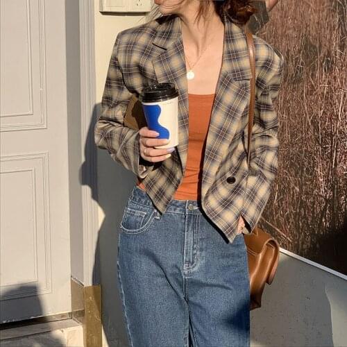 Vintage Loose Women Plaid Blazer 2021 Spring Chic Double Breasted Female Long Sleeve Suit Jackets Stylish Ladies Blazer