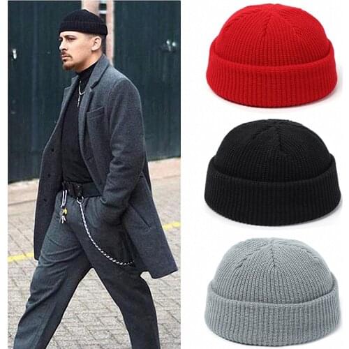 Knitted Beanie Hat Men Skullcap Women Winter Warmer Retro Brimless Baggy Melon Cap Black Cuff Docker Beanies Hats For Men 2021