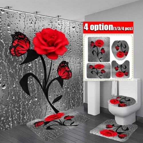 Red Rose Butterfly Shower Curtain Bathroom Non-slip Mat Set Durable Waterproof Set Pedestal Rug Lid Toilet Cover Bath Mat Rugs
