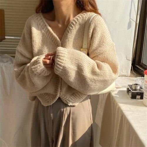 Women New V-Neck Solid Sweater Tops Korean Style Long Sleeve Single Breasted Knitted Cardigan Coat