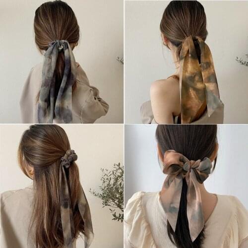 Vintage Chiffon Halo Dyed Long Ribbon Ponytail Scarf Hairbands Fashionable Hair Rope Rubber Band Womens Knot Elastic Hairband