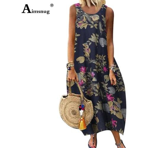 2020 Summer Women Elegant Long Dress Sleeveless Boho Flower Print Linen Dresses Plus size 5xl Ladies Vintage Loose Maxi Dress