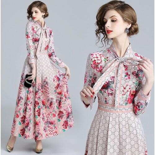 Quality Runway Dress Designers 2021 Autumn Letter C Floral Print Ribbon Lace Up Women Party Casual Empire Waist Maxi Dress Shirt