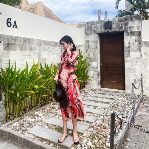 DUISNENA boho dress chiffon floral print women drsses irregular ruffled long sleeve robe v-neck mujer vestidos