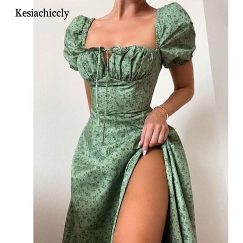 Kesiachiccly Print Summer Dress Women Floral Short Puff Sleeves Square Collar Holiday Dress Female Drawstring High Slit Dress