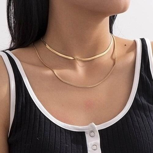 Simple Vintage Flat Snake Chains Choker Necklaces for Women Punk Double Layer Alloy Geometric Clavicle Necklace Fashion Jewelry