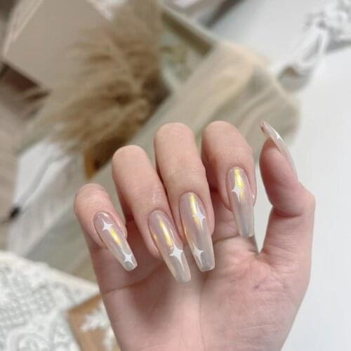 2021 24pcs 4-Pointed Star Printed Fake Nail Patch Glue Type Removable Super Long Paragraph Fashion Manicure False Nail Patch