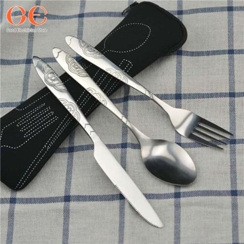 3pcs/set Dinnerware Portable Printed Stainless Steel Spoon Fork Steak Knife Set Travel Cutlery Tableware with Bag