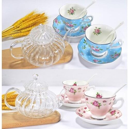 3pcs set, glass pumpkin coffee pot and bone china espresso cups, porcelain pitcher, floral tea set, tazas cafeteria coffee set