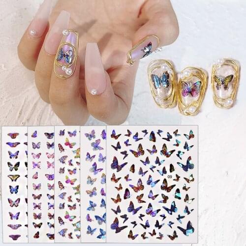 Watercolor 5D Laser Effect Butterflies Sliders Blue Nail Decal Sticker Nail Art Decoration Water Tattoo Manicure Art Accessories