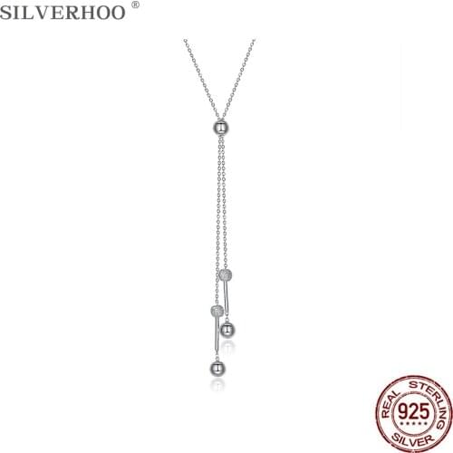 SILVERHOO Long Tassel 925 Sterling Silver Shiny CZ Round Beads Pendant Necklaces For Women Silver Jewelry Link Chain Necklace