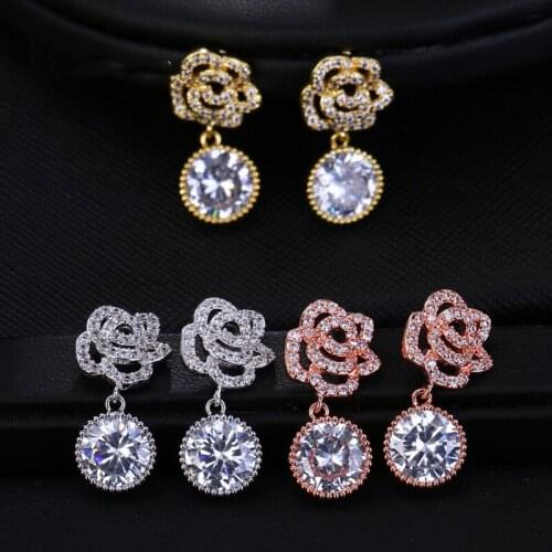 Ekopdee Luxury Flower Cubic Zirconia Earrings for Women Elegant Crystal Dangle Earrings Bridal Wedding Jewelry 2021 New