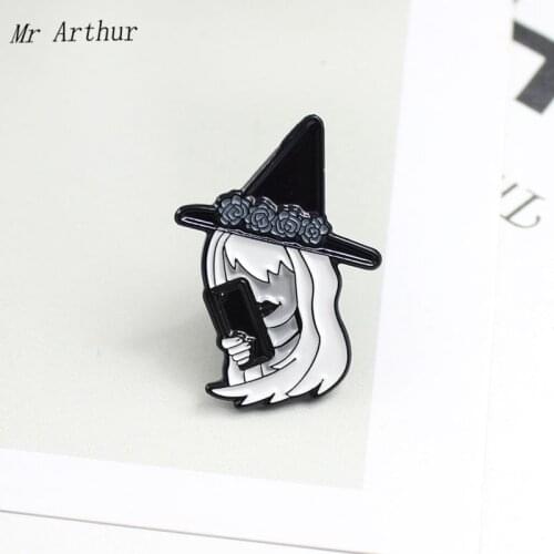 Beautiful Witch Enamel Pin Wearing Hat Hold Mobile phone Brooch Backpack Clothes Lapel Magical Jewelry Gift for Friends