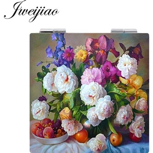 JWEIJIAO Beautiful Flowers Potted plant Fruit Photo Makeup Mirror Mini Folding Square 1X/2X Magnifying PU Leather Pocket Mirror