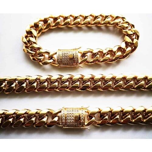 8/10/12/14mm Hip Hop Stainless Steel Mens Gold CZ Miami Cuban Link Chain Necklace Bracelet Rhinestone Clasp Rock Jewelry sets